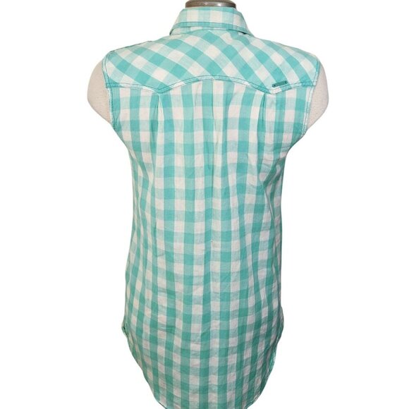 Vintage Womens Med Cotton Button Down Gingham Sleeveless Top Pockets Epaulettes - Picture 4 of 7